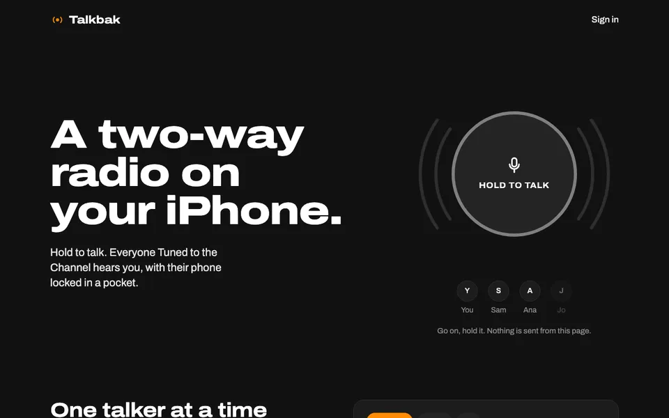 Talkbak home page showing the hold-to-talk button